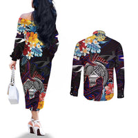 Personalized Amelika Samoa Sharks Polynesia Couples Matching Off The Shoulder Long Sleeve Dress and Long Sleeve Button Shirt American Samoa DT02 - Polynesian Pride