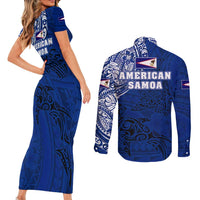Sharks And American Samoa Couples Matching Short Sleeve Bodycon Dress and Long Sleeve Button Shirt Simple Polynesian Blue