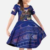American Samoa Family Matching Long Sleeve Bodycon Dress and Hawaiian Shirt Brave Eagle Flag Color DT02 Daughter's Dress Blue - Polynesian Pride