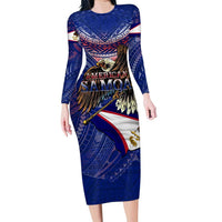 American Samoa Family Matching Long Sleeve Bodycon Dress and Hawaiian Shirt Brave Eagle Flag Color DT02 Mom's Dress Blue - Polynesian Pride