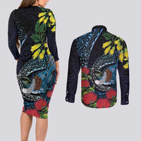 New Zealand Tui Bird Couples Matching Long Sleeve Bodycon Dress and Long Sleeve Button Shirt Maori Koru Mix Pohutukawa DT04 - Polynesian Pride