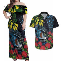 New Zealand Tui Bird Couples Matching Off Shoulder Maxi Dress and Hawaiian Shirt Maori Koru Mix Pohutukawa DT04 Black - Polynesian Pride