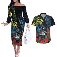 New Zealand Tui Bird Couples Matching Off The Shoulder Long Sleeve Dress and Hawaiian Shirt Maori Koru Mix Pohutukawa DT04 Black - Polynesian Pride