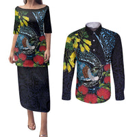 New Zealand Tui Bird Couples Matching Puletasi and Long Sleeve Button Shirt Maori Koru Mix Pohutukawa