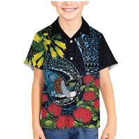 New Zealand Tui Bird Family Matching Mermaid Dress and Hawaiian Shirt Maori Koru Mix Pohutukawa DT04 Son's Shirt Black - Polynesian Pride