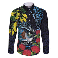 New Zealand Tui Bird Family Matching Off The Shoulder Long Sleeve Dress and Hawaiian Shirt Maori Koru Mix Pohutukawa DT04 Dad's Shirt - Long Sleeve Black - Polynesian Pride