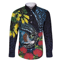 New Zealand Tui Bird Family Matching Off Shoulder Short Dress and Hawaiian Shirt Maori Koru Mix Pohutukawa DT04 Dad's Shirt - Long Sleeve Black - Polynesian Pride
