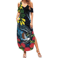 New Zealand Tui Bird Family Matching Summer Maxi Dress and Hawaiian Shirt Maori Koru Mix Pohutukawa DT04 Mom's Dress Black - Polynesian Pride