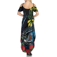 New Zealand Tui Bird Family Matching Summer Maxi Dress and Hawaiian Shirt Maori Koru Mix Pohutukawa DT04 - Polynesian Pride