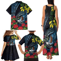 New Zealand Tui Bird Family Matching Tank Maxi Dress and Hawaiian Shirt Maori Koru Mix Pohutukawa DT04 - Polynesian Pride