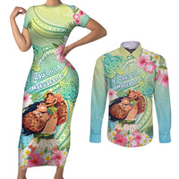Personalised Hawaii Father's Day Couples Matching Short Sleeve Bodycon Dress and Long Sleeve Button Shirt Happy Father And Child