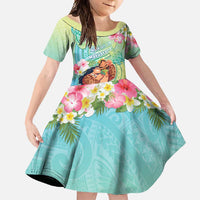 Personalised Hawaii Father's Day Family Matching Short Sleeve Bodycon Dress and Hawaiian Shirt Happy Father And Child DT04 Daughter's Dress Green - Polynesian Pride