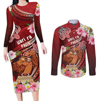 Personalised New Zealand Father's Day Couples Matching Long Sleeve Bodycon Dress and Long Sleeve Button Shirt Happy Father And Child DT04 Red - Polynesian Pride