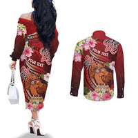 Personalised New Zealand Father's Day Couples Matching Off The Shoulder Long Sleeve Dress and Long Sleeve Button Shirt Happy Father And Child DT04 - Polynesian Pride