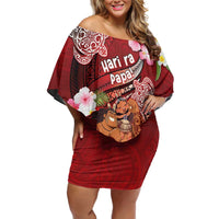 Personalised New Zealand Father's Day Family Matching Off Shoulder Short Dress and Hawaiian Shirt Happy Father And Child DT04 Mom's Dress Red - Polynesian Pride