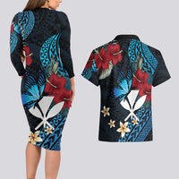Hawaii Butterfly Couples Matching Long Sleeve Bodycon Dress and Hawaiian Shirt Kanaka Maoli Mix Hibiscus DT04 - Polynesian Pride
