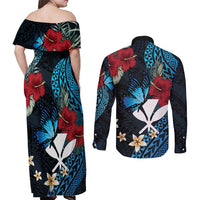 Hawaii Butterfly Couples Matching Off Shoulder Maxi Dress and Long Sleeve Button Shirt Kanaka Maoli Mix Hibiscus