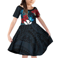 Hawaii Butterfly Family Matching Off Shoulder Short Dress and Hawaiian Shirt Kanaka Maoli Mix Hibiscus DT04 Daughter's Dress Black - Polynesian Pride