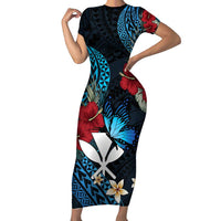 Hawaii Butterfly Family Matching Short Sleeve Bodycon Dress and Hawaiian Shirt Kanaka Maoli Mix Hibiscus DT04 Mom's Dress Black - Polynesian Pride