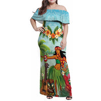 Hawaii Lei Day Family Matching Off Shoulder Maxi Dress and Hawaiian Shirt Hula Girl With Tropical Forest DT04 Mom's Dress Blue - Polynesian Pride
