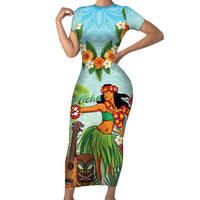 Hawaii Lei Day Family Matching Short Sleeve Bodycon Dress and Hawaiian Shirt Hula Girl With Tropical Forest DT04 Mom's Dress Blue - Polynesian Pride