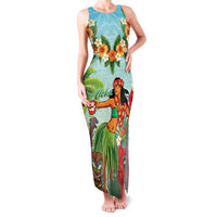 Hawaii Lei Day Family Matching Tank Maxi Dress and Hawaiian Shirt Hula Girl With Tropical Forest DT04 Mom's Dress Blue - Polynesian Pride