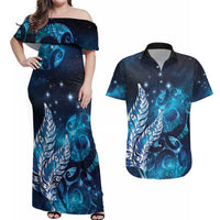 New Zealand Matariki Couples Matching Off Shoulder Maxi Dress and Hawaiian Shirt Maori Koru Mix Silver Fern DT04 Blue - Polynesian Pride