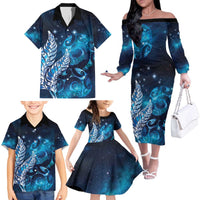 New Zealand Matariki Family Matching Off The Shoulder Long Sleeve Dress and Hawaiian Shirt Maori Koru Mix Silver Fern DT04 - Polynesian Pride