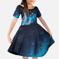 New Zealand Matariki Family Matching Off Shoulder Maxi Dress and Hawaiian Shirt Maori Koru Mix Silver Fern DT04 Daughter's Dress Blue - Polynesian Pride