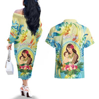 Personalised Hawaii Mother's Day Couples Matching Off The Shoulder Long Sleeve Dress and Hawaiian Shirt I Love You Mom DT04 - Polynesian Pride