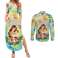 Personalised Hawaii Mother's Day Couples Matching Summer Maxi Dress and Long Sleeve Button Shirt I Love You Mom