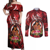 Personalised New Zealand Mother's Day Couples Matching Off Shoulder Maxi Dress and Long Sleeve Button Shirt I Love You Mom DT04 Red - Polynesian Pride