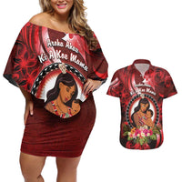 Personalised New Zealand Mother's Day Couples Matching Off Shoulder Short Dress and Hawaiian Shirt I Love You Mom DT04 Red - Polynesian Pride