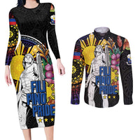 Filipinos Lapu-Lapu Hero Philippines Couples Matching Long Sleeve Bodycon Dress and Long Sleeve Button Shirt Hibiscus Flowers Style DT04 Black - Polynesian Pride