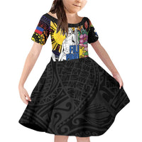 Filipinos Lapu-Lapu Hero Philippines Family Matching Off Shoulder Short Dress and Hawaiian Shirt Hibiscus Flowers Style DT04 Daughter's Dress Black - Polynesian Pride