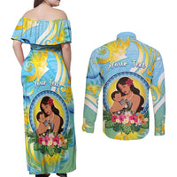Personalised Fiji Mother's Day Couples Matching Off Shoulder Maxi Dress and Long Sleeve Button Shirt I Love You Mom DT04 - Polynesian Pride