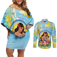 Personalised Fiji Mother's Day Couples Matching Off Shoulder Short Dress and Long Sleeve Button Shirt I Love You Mom DT04 Blue - Polynesian Pride