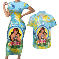 Personalised Fiji Mother's Day Couples Matching Short Sleeve Bodycon Dress and Hawaiian Shirt I Love You Mom DT04 Blue - Polynesian Pride