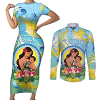 Personalised Fiji Mother's Day Couples Matching Short Sleeve Bodycon Dress and Long Sleeve Button Shirt I Love You Mom DT04 Blue - Polynesian Pride