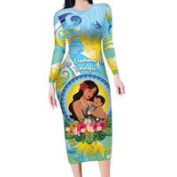 Personalised Fiji Mother's Day Family Matching Long Sleeve Bodycon Dress and Hawaiian Shirt I Love You Mom DT04 Mom's Dress Blue - Polynesian Pride