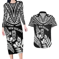 Custom New Zealand Rugby Couples Matching Long Sleeve Bodycon Dress and Hawaiian Shirt Silver Fern Maori Pattern DT04 Black - Polynesian Pride