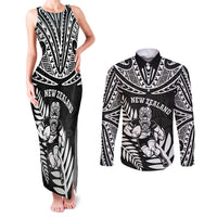 Custom New Zealand Rugby Couples Matching Tank Maxi Dress and Long Sleeve Button Shirt Silver Fern Maori Pattern DT04 Black - Polynesian Pride