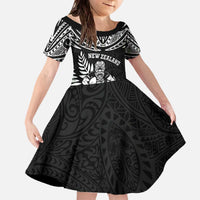 Custom New Zealand Rugby Family Matching Off The Shoulder Long Sleeve Dress and Hawaiian Shirt Silver Fern Maori Pattern DT04 Daughter's Dress Black - Polynesian Pride