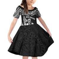 Custom New Zealand Rugby Family Matching Off Shoulder Short Dress and Hawaiian Shirt Silver Fern Maori Pattern DT04 Daughter's Dress Black - Polynesian Pride