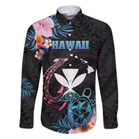 Personalised Hawaii Family Matching Mermaid Dress and Hawaiian Shirt Kanaka Maoli With Fish Hook DT04 Dad's Shirt - Long Sleeve Black - Polynesian Pride
