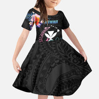 Personalised Hawaii Family Matching Off The Shoulder Long Sleeve Dress and Hawaiian Shirt Kanaka Maoli With Fish Hook DT04 Daughter's Dress Black - Polynesian Pride