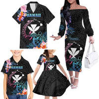 Personalised Hawaii Family Matching Off The Shoulder Long Sleeve Dress and Hawaiian Shirt Kanaka Maoli With Fish Hook DT04 - Polynesian Pride