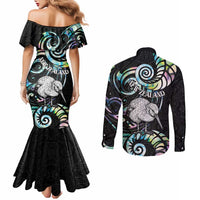 New Zealand Kiwi Bird Couples Matching Mermaid Dress and Long Sleeve Button Shirt Silver Fern Koru Paua Shell DT04 - Polynesian Pride
