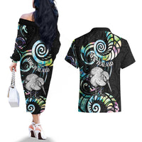 New Zealand Kiwi Bird Couples Matching Off The Shoulder Long Sleeve Dress and Hawaiian Shirt Silver Fern Koru Paua Shell DT04 - Polynesian Pride