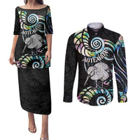 New Zealand Kiwi Bird Couples Matching Puletasi and Long Sleeve Button Shirt Silver Fern Koru Paua Shell